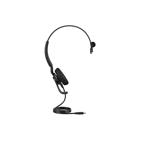Schwarzes Headset auf weißem Hintergrund. Das Headset hat einen Bügel, ein Ohrpolster und ein Kabel.