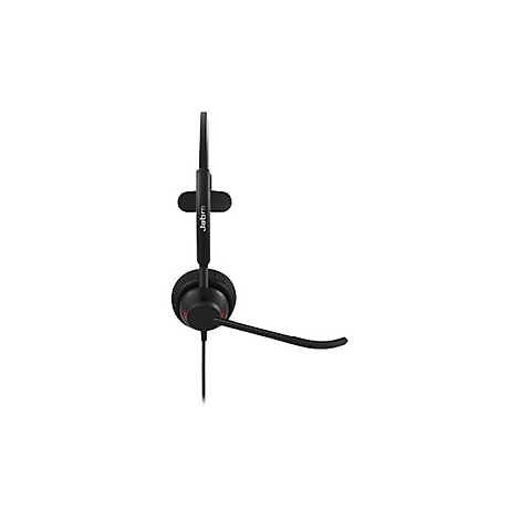 Schwarzes Jabra-Headset mit Mikrofon. Der Kopfbügel ist vertikal, das Mikrofon ist nach vorne ausgerichtet. Der Hintergrund ist weiß.
