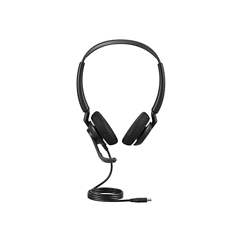 Schwarzer Kopfhörer mit Mikrofon und USB-C-Anschluss, vor weißem Hintergrund.