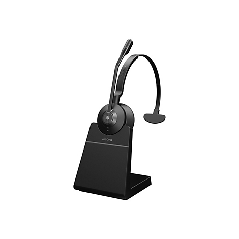 Schwarzes Jabra-Headset auf einer Ladestation. Der Mikrofonarm und die Ohrhalterung sind sichtbar.