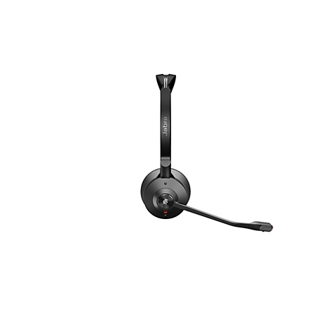 Schwarzes Jabra-Headset mit Mikrofonarm und rotem Knopf, vor weißem Hintergrund.