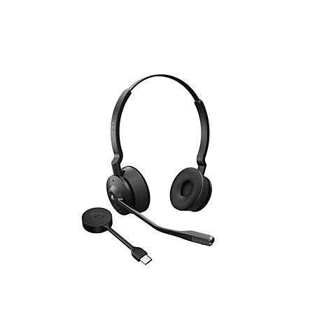 Schwarzes Headset mit Ohrmuscheln, Mikrofon und USB-C-Anschluss, freigestellt auf weißem Hintergrund.