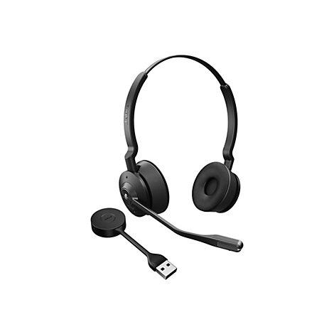 Ein schwarzes Jabra-Headset mit Ohrhörern, Mikrofon und USB-Anschluss, freigestellt vor weißem Hintergrund.