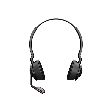 Schwarzes Headset mit Mikrofon auf weißem Hintergrund.