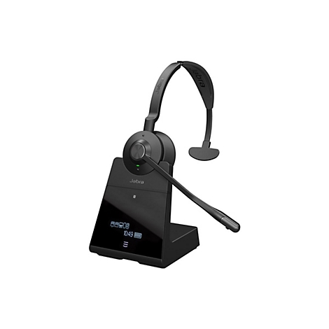 Casque Jabra sans fil avec station de recharge sur fond blanc. La station affiche l'heure et l'état de la batterie.