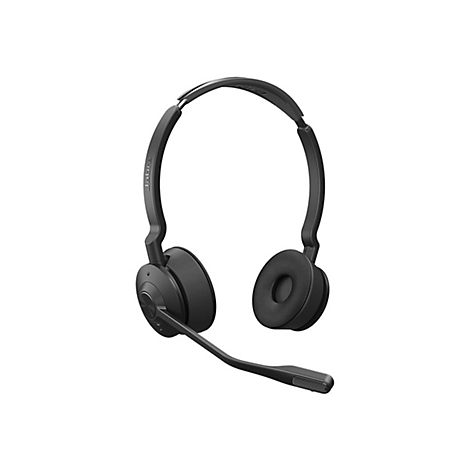 Schwarzes Headset mit Ohrmuscheln, Bügel und Mikrofon, vor weißem Hintergrund.