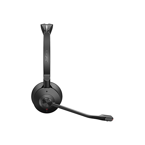 Schwarzes Jabra-Headset mit Mikrofon und Logoschriftzug auf weißem Hintergrund.