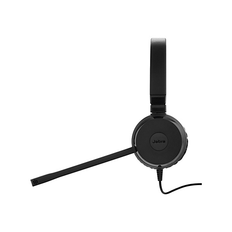 Casque Jabra noir avec microphone et câble. Le casque est sur fond blanc.
