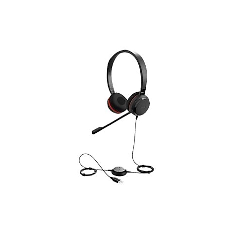 Casque noir avec microphone et connecteur USB. Le casque a des accents rouges et un contrôle du volume.