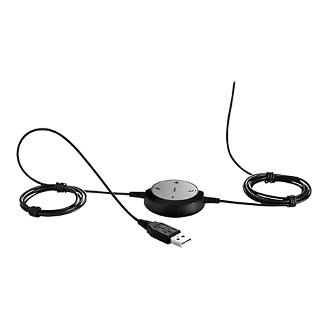 Schwarzes USB-Headset mit Kabel, Lautstärkereglern und USB-Anschluss, isoliert auf weißem Hintergrund.