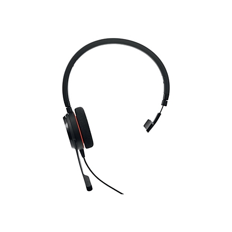 Casque noir avec un accent rouge et un microphone sur fond blanc.