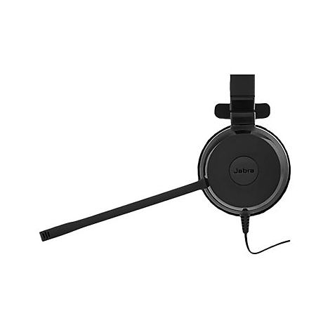 Casque Jabra noir, composÃ© d'un casque et d'un bras de microphone. Le logo Jabra est clairement visible.