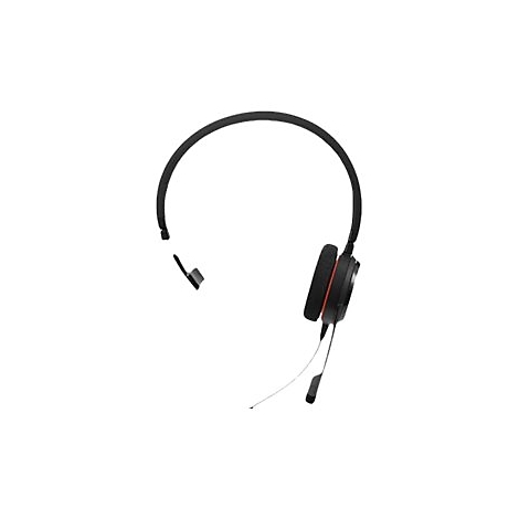 Casque noir avec un accent rouge. Un microphone dÃ©passe de l'Ã©couteur droit.