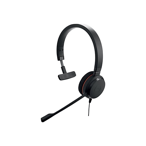Casque noir avec bandeau, microphone et Ã©couteur. Accents orange.