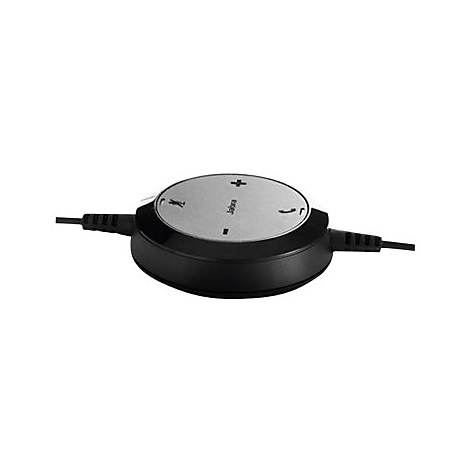 Commande Jabra noire avec boutons de volume et d'appel. Centre argentÃ© avec logo Jabra. Connecteurs de cÃ¢ble noirs.