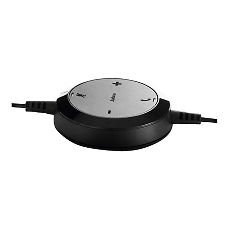 Gros plan sur une commande de casque Jabra noire avec un disque central argentÃ© et des commandes: volume, rÃ©ponse Ã  l'appel, muet.