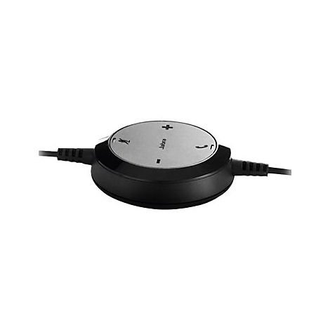 Télécommande de casque noire avec bouton argenté, icônes de volume et d'appel.