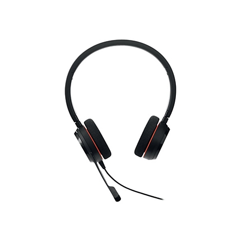 Casque noir avec bordure rouge et microphone sur fond blanc.
