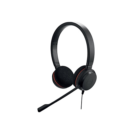 Casque noir avec bordure rouge, microphone et câble sur fond blanc.