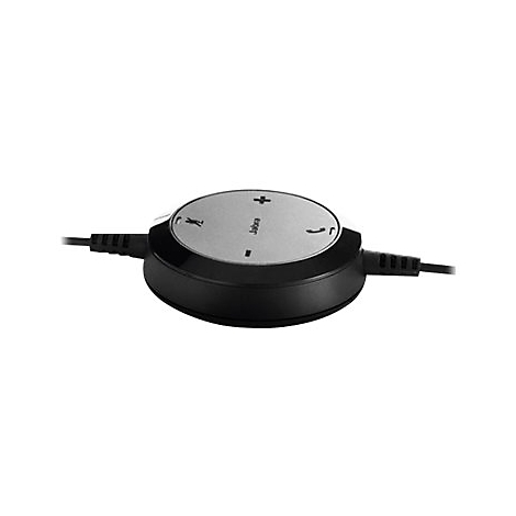 Une commande Jabra noire et ronde avec des boutons de volume, de sourdine et de réponse aux appels, fixée à des fils.