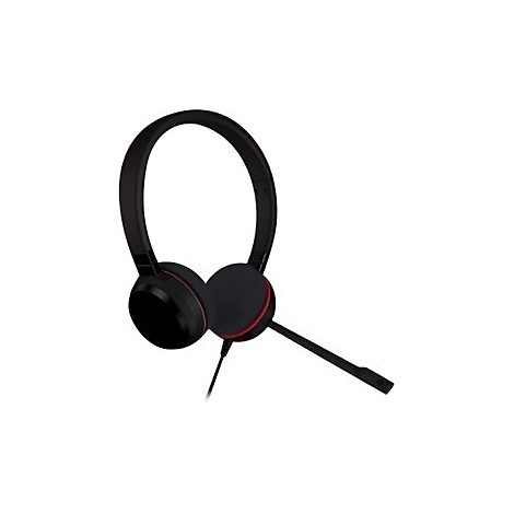 Casque noir avec bordure rouge et microphone. Les oreillettes sont rondes, l'arceau est incurvÃ©.