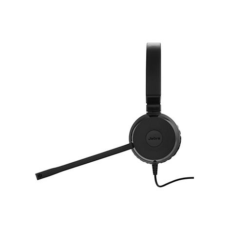 Schwarzes Jabra-Headset mit Mikrofon vor weißem Hintergrund.
