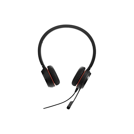 Casque noir avec des accents rouges sur fond blanc. Le microphone est visible.