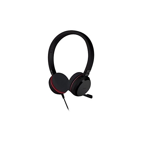 Casque noir avec accent rouge. Le casque Ã  bandeau est dotÃ© de deux Ã©couteurs ronds et d'un microphone.