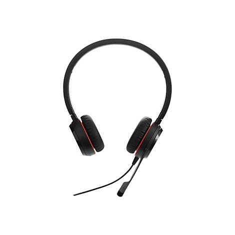 Casque noir avec des accents orange. Écouteurs et bras de microphone.