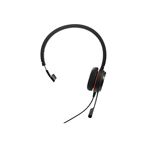 Casque noir avec écouteur, microphone et bandeau sur fond blanc.