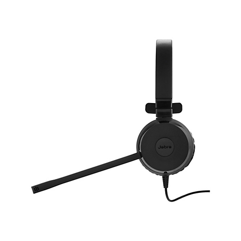 Casque Jabra noir avec serre-tête et microphone, connexion filaire.