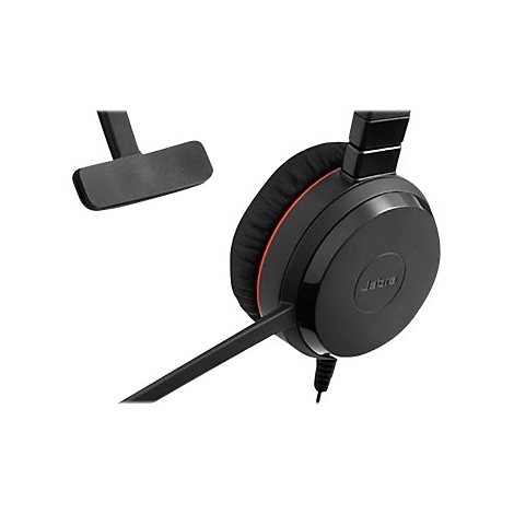 Casque Jabra noir, bordure rouge, microphone, coussinets.