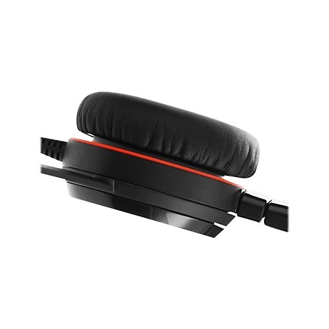 Gros plan d'un casque noir avec une ligne d'accent rouge. Le coussinet est noir et rembourré.