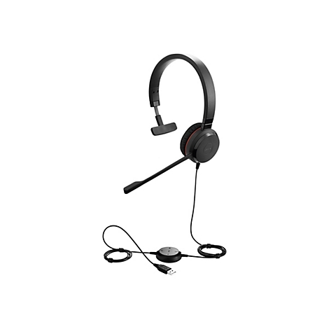 Casque noir avec microphone, connecteur USB et unité de contrôle. L'arceau est réglable.