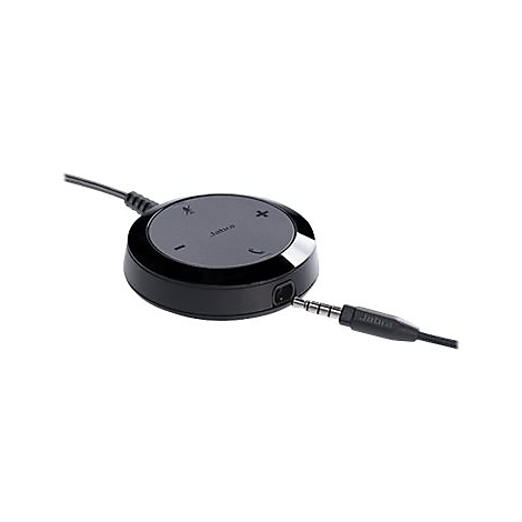Adaptateur Jabra noir avec éléments de commande et prise jack sur fond blanc.