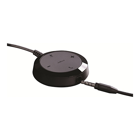 Appareil Jabra noir avec commandes et prise jack, sur fond blanc.
