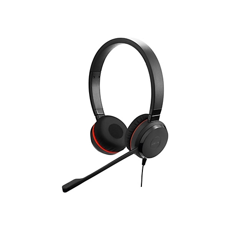 Casque noir avec bordure rouge et microphone, sur fond blanc.