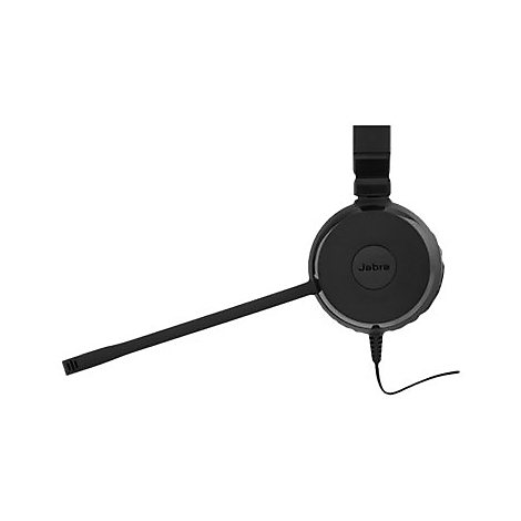 Casque Jabra noir avec microphone, câble et serre-tête réglable. Le logo Jabra est sur l'écouteur.