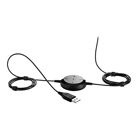 Gros plan d'une commande de casque noire avec un connecteur USB.