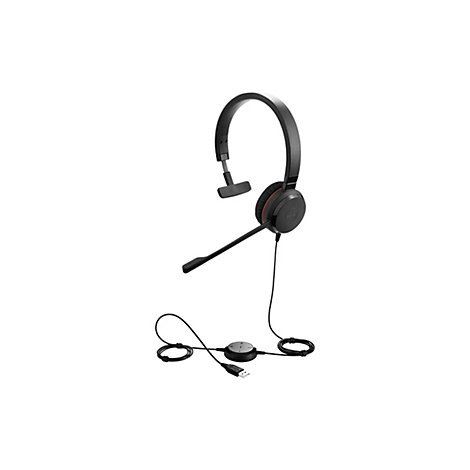 Casque noir sur fond blanc. Écouteur, microphone, câble avec connecteur USB et commande.