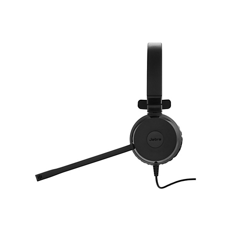 Casque noir avec arceau et microphone, marque Jabra sur l'écouteur.