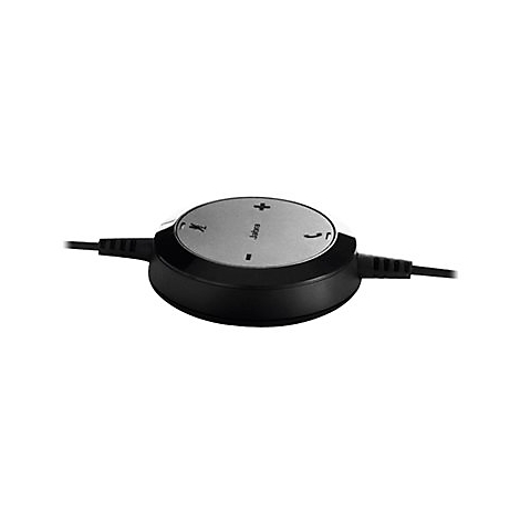 Unité de contrôle Jabra noire avec surface argentée. Symboles pour le volume, la prise/fin d'appel et le mode silencieux. Câble des deux côtés.