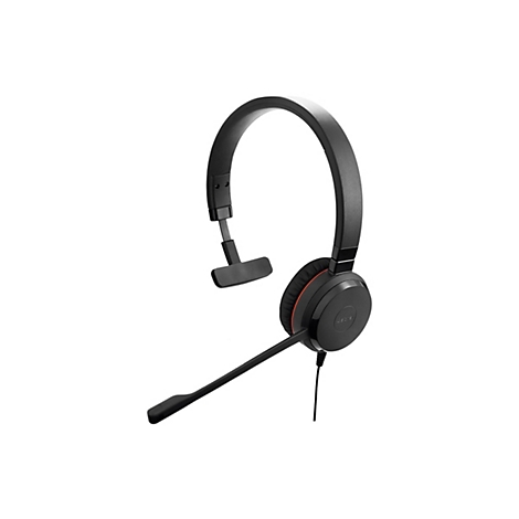 Un casque noir avec un serre-tête et un microphone sur fond blanc. Le logo Jabra est visible sur l'écouteur.