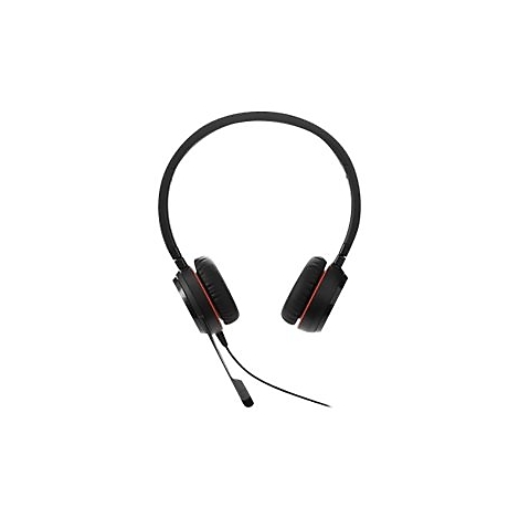 Casque noir avec des accents rouges. Les écouteurs sont ronds et l'arceau est incurvé. Un microphone est attaché.