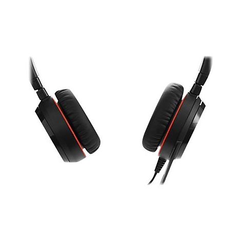 Casque noir, vue de détail. Coupelles noires avec des accents orange sur fond blanc.