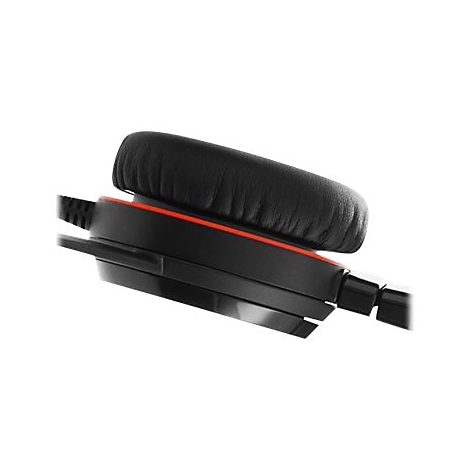 Gros plan d'un casque noir avec garniture rouge et coussinet d'oreille.
