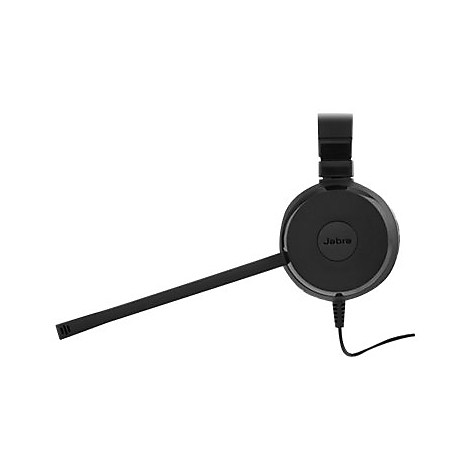 Casque Jabra noir avec microphone. Le casque est contre un fond blanc.