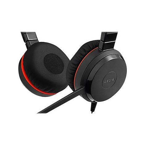 Casque Jabra noir avec une couleur d'accentuation rouge. Un microphone est également visible.