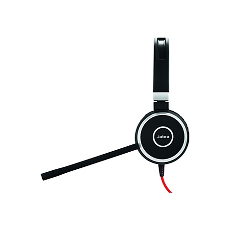 Schwarzes Jabra-Headset mit Mikrofon, rotem Kabel und silbernen Akzenten, vor weiÃŸem Hintergrund.