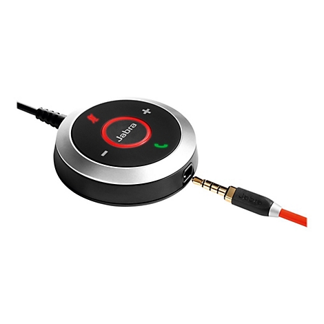 Rundes Jabra-GerÃ¤t mit rotem Ring und Tasten. Ein Klinkenstecker ist eingesteckt.